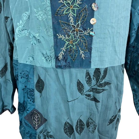 FAITH CELIA FORRESTER Teal Blue Embroidered Lagenlook Art to Wear Top Shirt sz M - Picture 3 of 16